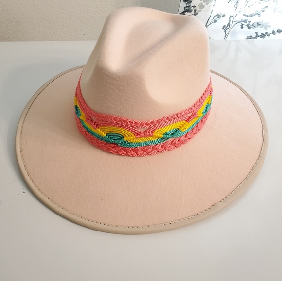Pink Suede Like Hat With Colorful Beaded Band Wide Rim Made In Mexico Medium main image 9